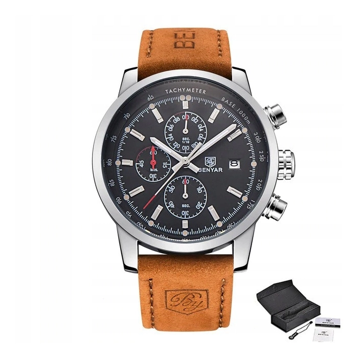 Zegarek męski skórzany Benyar - klasyczny i elegancki z chronografem + Pudełko (Szary)
