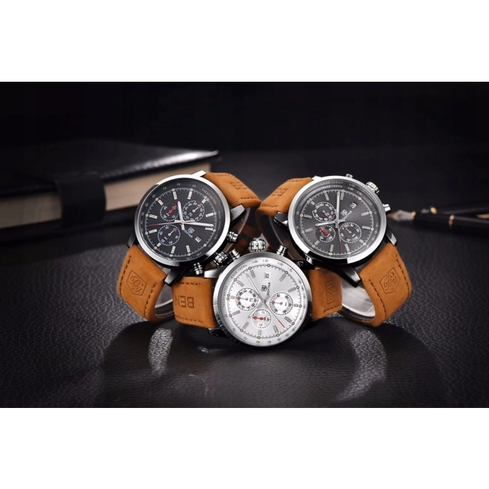 Zegarek męski skórzany Benyar - klasyczny i elegancki z chronografem + Pudełko (Szary)