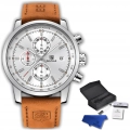 Zegarek męski skórzany Benyar - klasyczny i elegancki z chronografem + Pudełko (Srebrny)