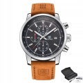 Zegarek męski skórzany Benyar - klasyczny i elegancki z chronografem + Pudełko (Srebrny)