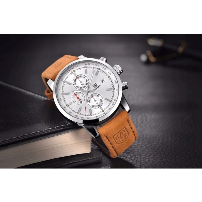 Zegarek męski skórzany Benyar - klasyczny i elegancki z chronografem + Pudełko (Srebrny)