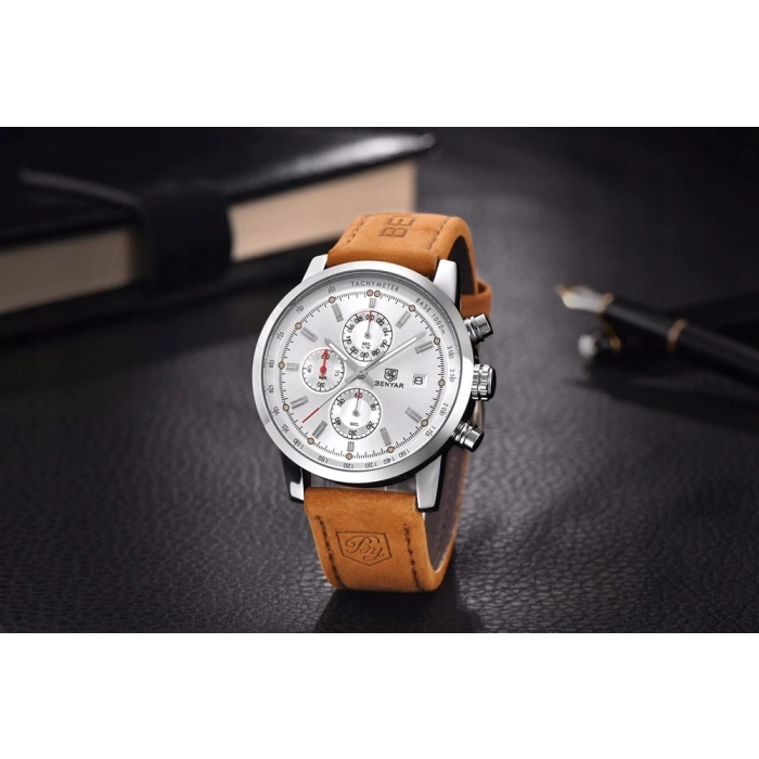 Zegarek męski skórzany Benyar - klasyczny i elegancki z chronografem + Pudełko (Srebrny)