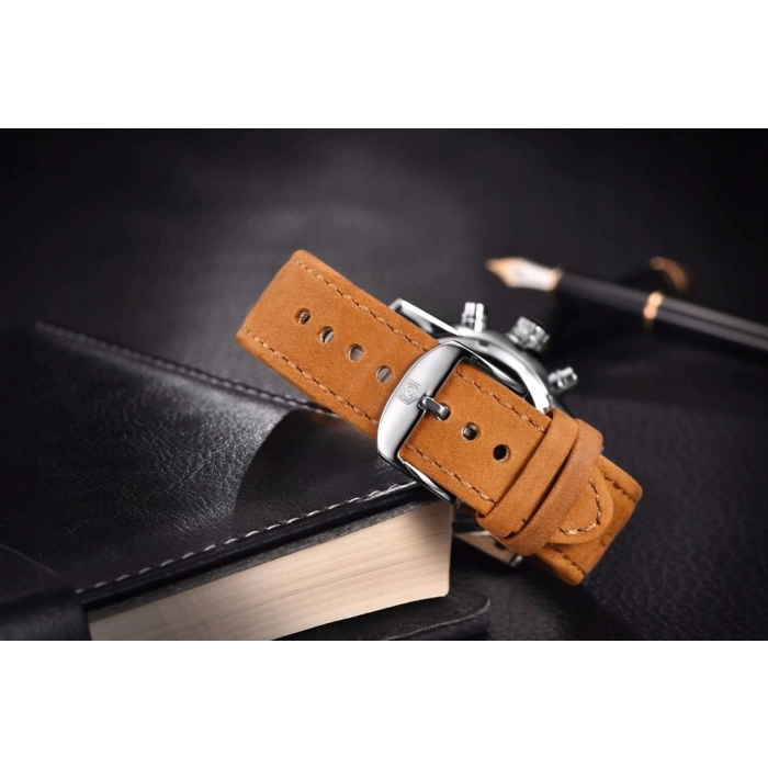 Zegarek męski skórzany Benyar - klasyczny i elegancki z chronografem + Pudełko (Srebrny)