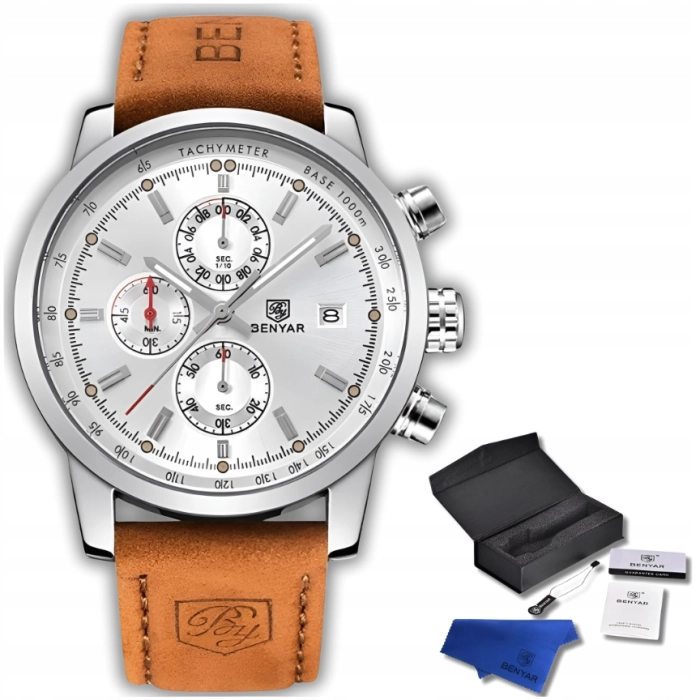 Zegarek męski skórzany Benyar - klasyczny i elegancki z chronografem + Pudełko (Srebrny)