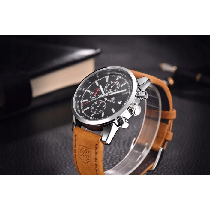 Zegarek męski skórzany Benyar - klasyczny i elegancki z chronografem + Pudełko (Srebrny)