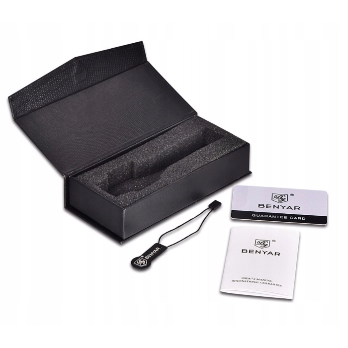 Zegarek męski skórzany Benyar - klasyczny i elegancki z chronografem + Pudełko (Srebrny)