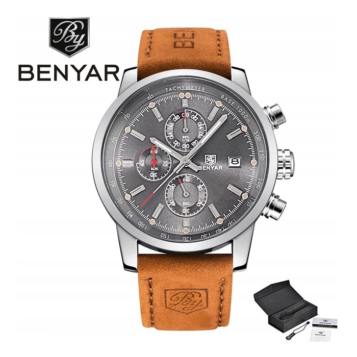 Zegarek męski skórzany Benyar - klasyczny i elegancki z chronografem + Pudełko (Srebrny)