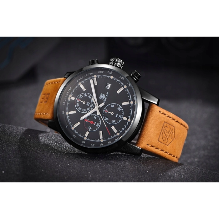 Zegarek męski skórzany Benyar - klasyczny i elegancki z chronografem + Pudełko (Srebrny)