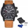 Zegarek męski skórzany Benyar - klasyczny i elegancki z chronografem + Pudełko (Czarny)
