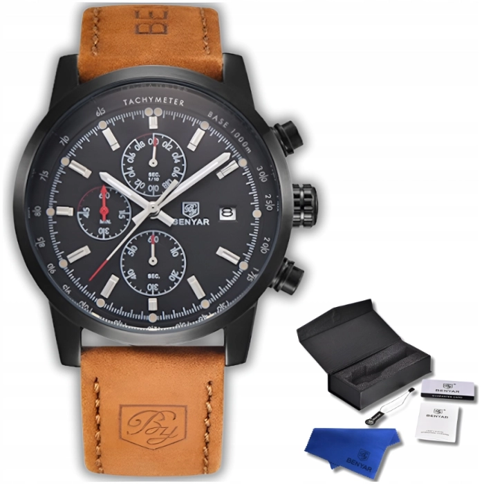 Zegarek męski skórzany Benyar - klasyczny i elegancki z chronografem + Pudełko (Czarny)