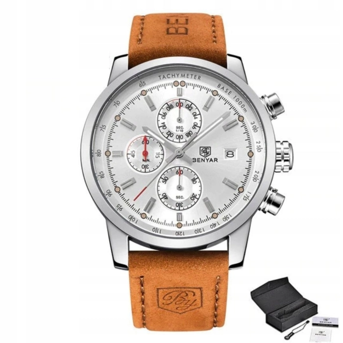 Zegarek męski skórzany Benyar - klasyczny i elegancki z chronografem + Pudełko (Czarny)