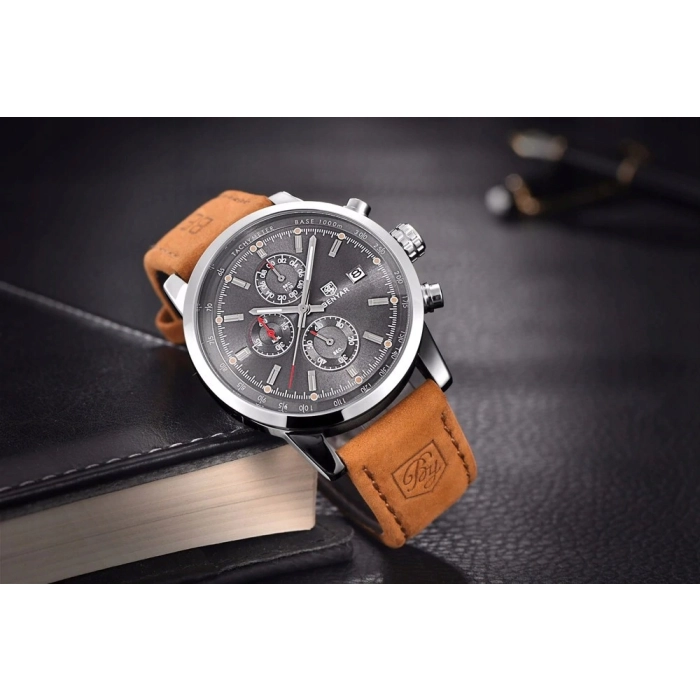 Zegarek męski skórzany Benyar - klasyczny i elegancki z chronografem + Pudełko (Czarny)
