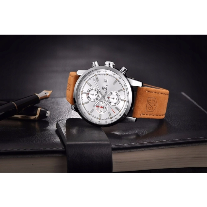 Zegarek męski skórzany Benyar - klasyczny i elegancki z chronografem + Pudełko (Czarny)