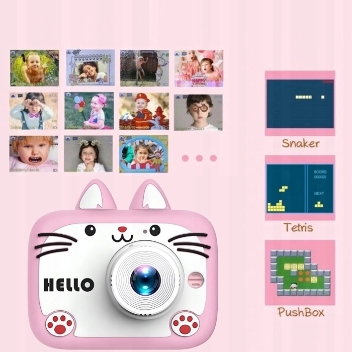 Aparat fotograficzny cyfrowy dla dzieci 40 mpx - Kotek Hello + Karta 32 GB (Różowy)
