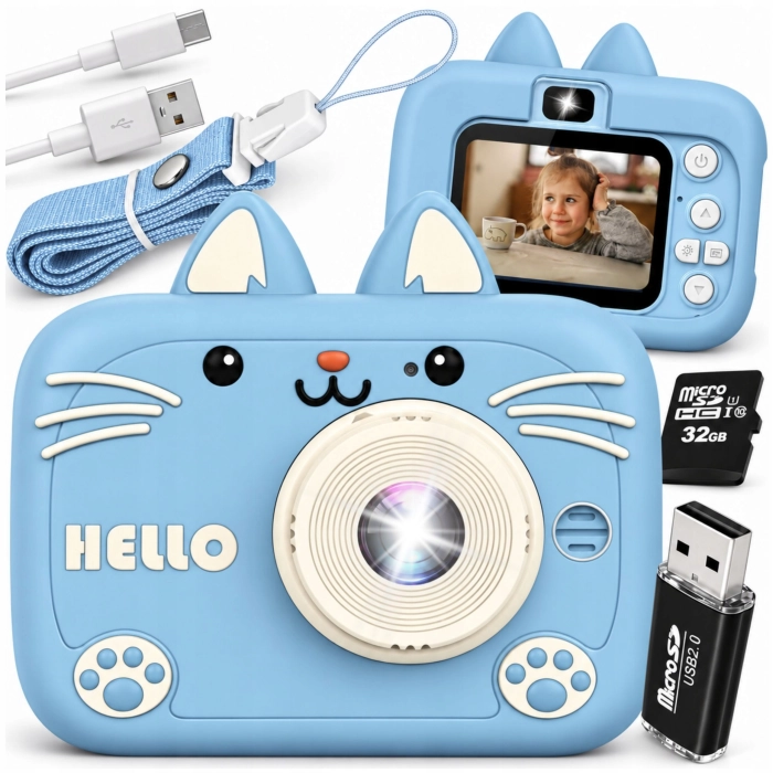 Aparat cyfrowy dla dzieci 40 Mpx Kotek Hello + karta pamięci 32 GB (Niebieski)