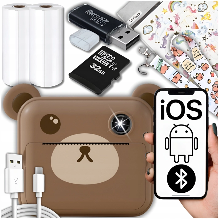 Aparat natychmiastowy fotograficzny dla dzieci z drukarką - Miś + Karta 32 GB