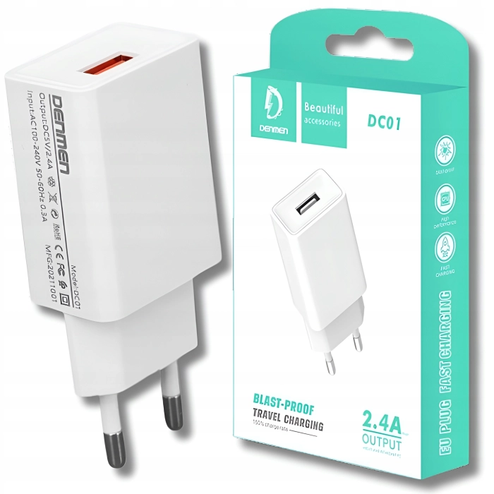 Szybka ładowarka sieciowa USB Fast charge (2.4A Biała)