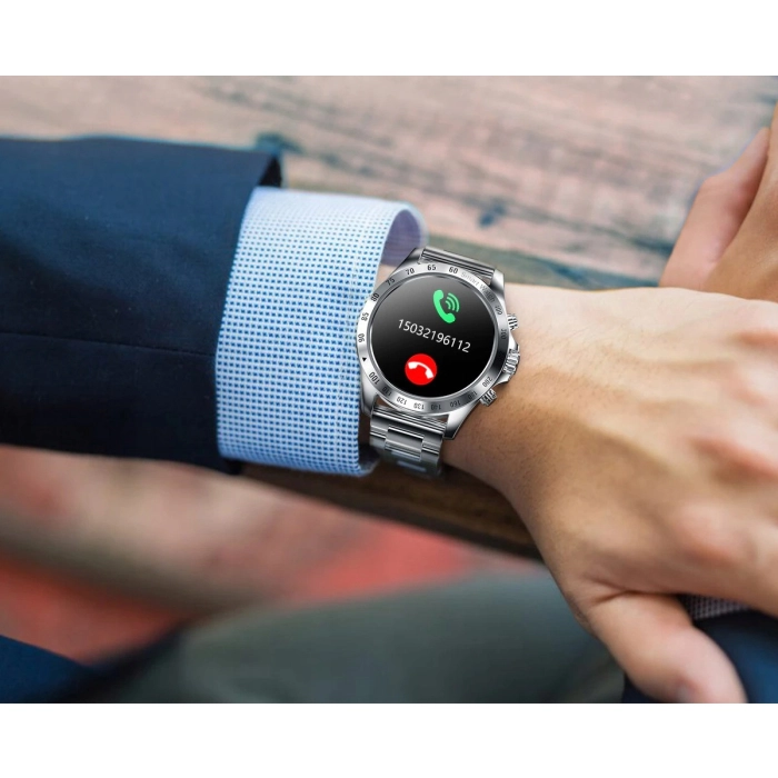 Smartwatch męski zegarek język polski powiadomienia puls skórzany pasek + szkło