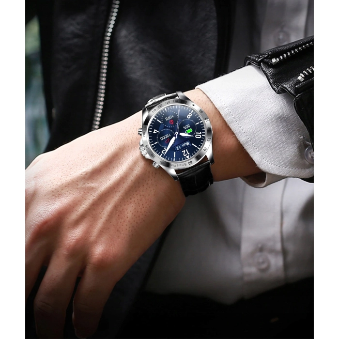 Smartwatch męski zegarek język polski powiadomienia puls skórzany pasek + szkło