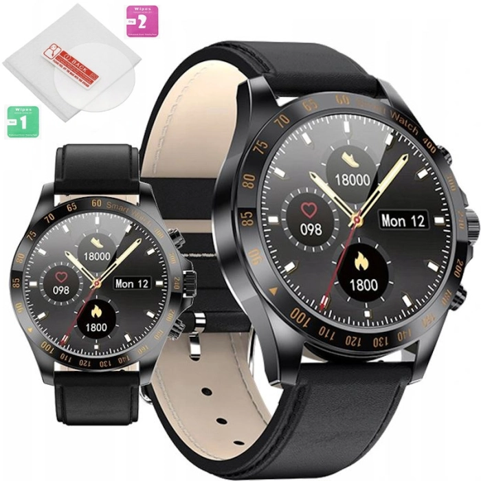 Smartwatch męski zegarek język polski powiadomienia puls skórzany pasek + szkło