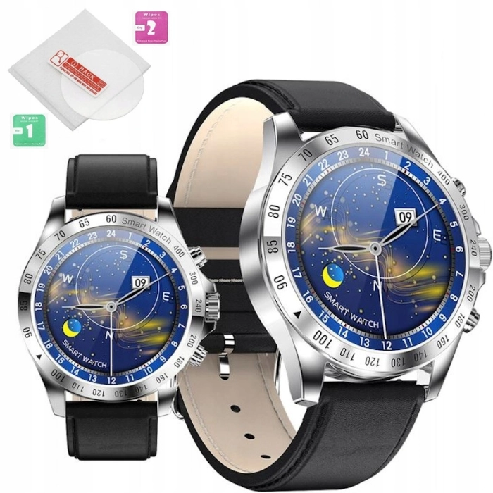 Smartwatch męski zegarek język polski powiadomienia puls skórzany pasek + szkło