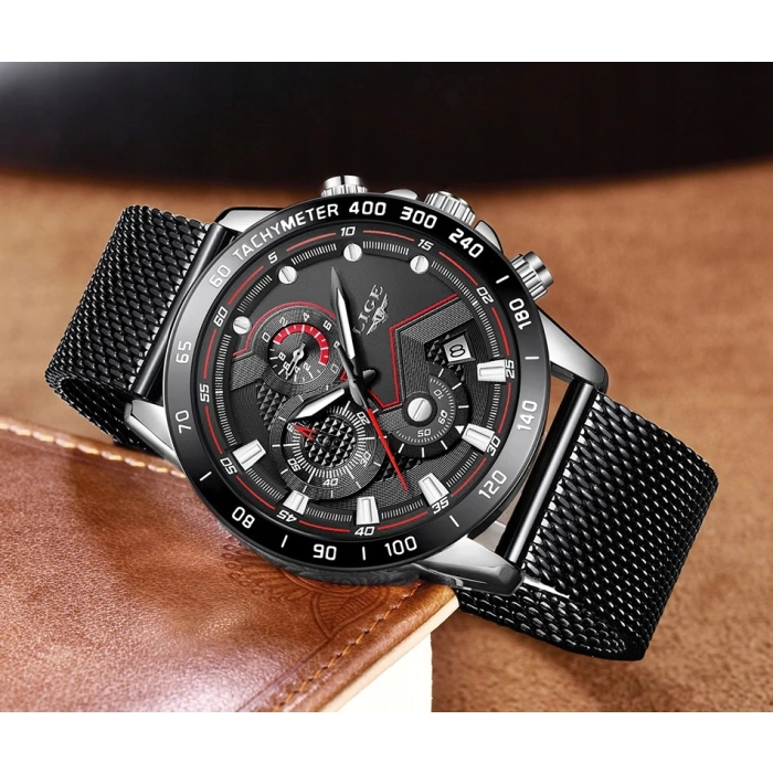 Zegarek męski LIGE na bransolecie z chronografem i datownikiem + Pudełko (Czarno-srebrny)