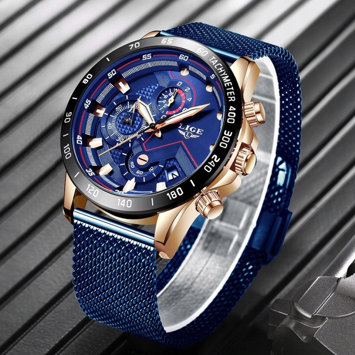 Zegarek męski LIGE na bransolecie z chronografem i datownikiem + Pudełko (Czarno-srebrny)