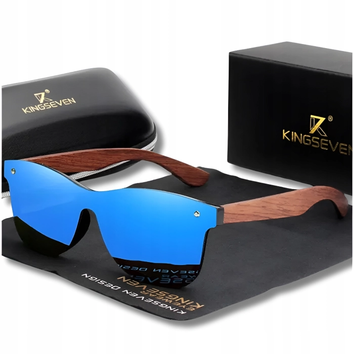 Okulary przeciwsłoneczne drewniane męskie Kingseven z polaryzacją + Etui (Niebieskie)