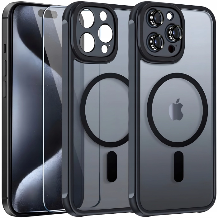 Etui matowe + szkło do iPhone 15 Pro - odporny case Magsafe (Czarne)