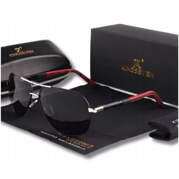 Okulary przeciwsłoneczne męskie aviatory Kingseven z polaryzacją + Etui (Czarno-srebrne-czerwone)