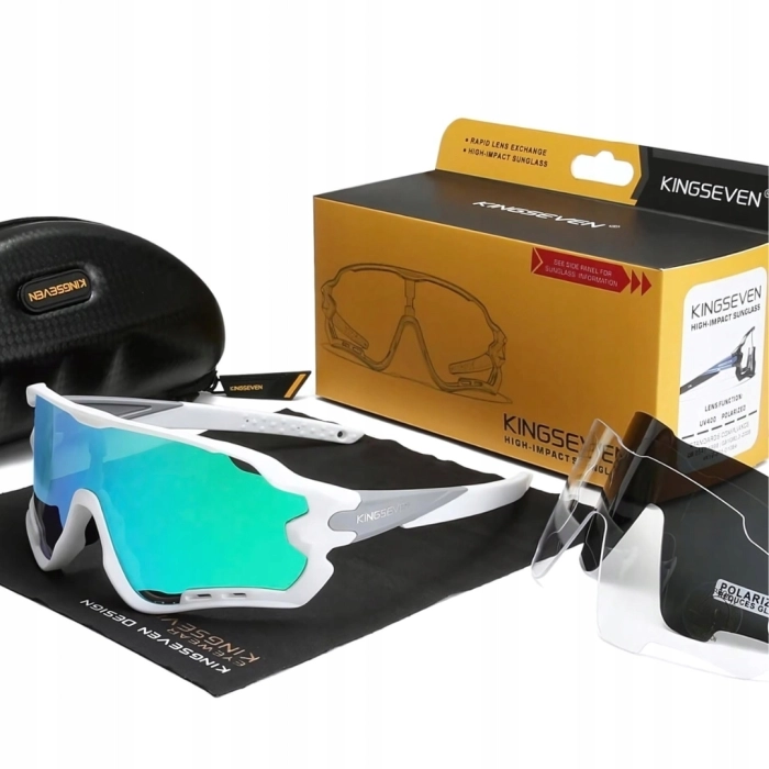 Okulary przeciwsłoneczne rowerowe sportowe - 3 wymienne szkła (Biało-jasnoniebieskie)