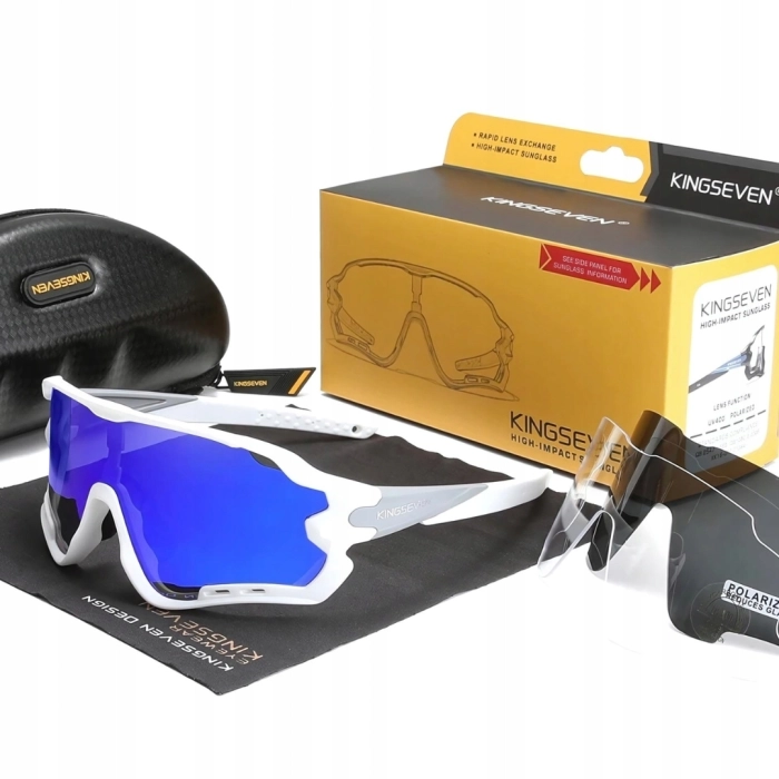 Okulary przeciwsłoneczne rowerowe sportowe - 3 wymienne szkła (Biało-ciemnoniebieskie)