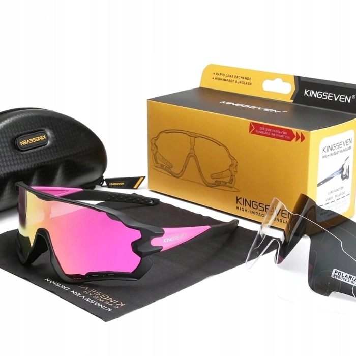 Okulary przeciwsłoneczne rowerowe sportowe - 3 wymienne szkła (Czarno-różowe)