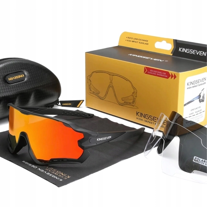 Okulary przeciwsłoneczne rowerowe sportowe - 3 wymienne szkła (Czarno-pomarańczowe)