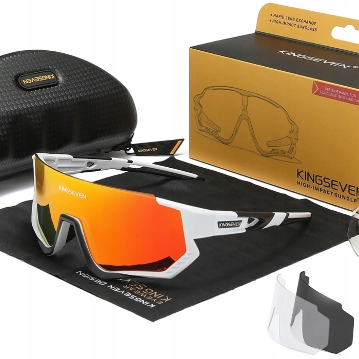 Okulary przeciwsłoneczne sportowe rowerowe - 3 wymienne szkła (Biało-pomarańczowe)