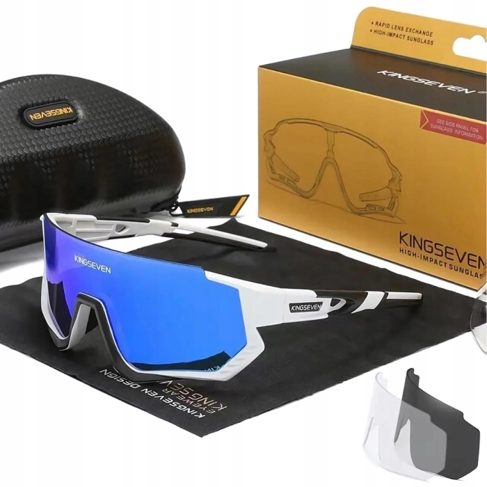 Okulary przeciwsłoneczne sportowe rowerowe - 3 wymienne szkła (Biało-ciemnoniebieskie)