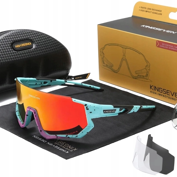 Okulary przeciwsłoneczne sportowe rowerowe - 3 wymienne szkła (Turkusowo-pomarańczowe)