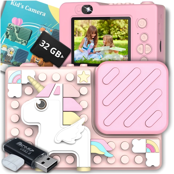 Aparat fotograficzny cyfrowy dla dzieci 40 mpx - Puzzle Jednorożec Różowy + Karta 32 GB