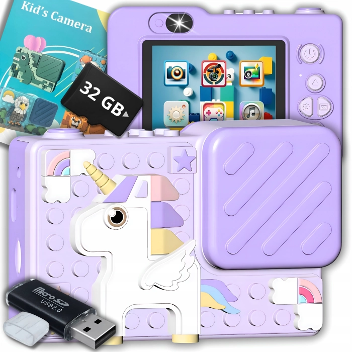 Aparat fotograficzny cyfrowy dla dzieci 40 mpx - Puzzle Jednorożec Fioletowy + Karta 32 GB
