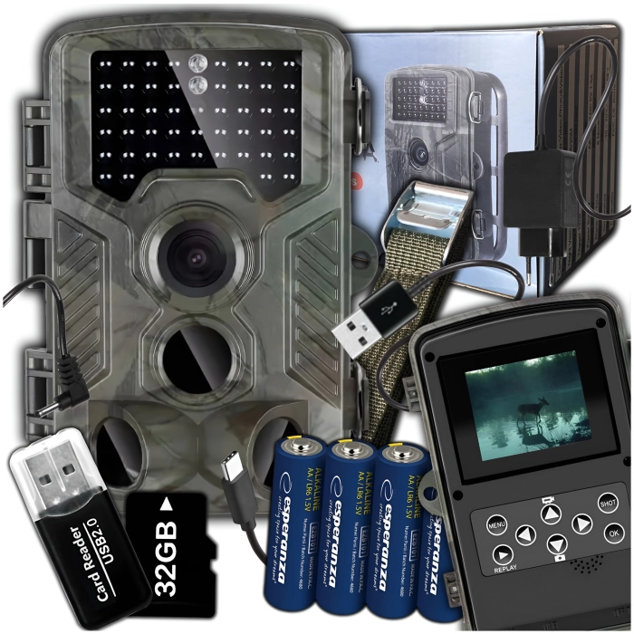 Fotopułapka leśna - Kamera myśliwska wodoodporna + Karta 32GB + Baterie