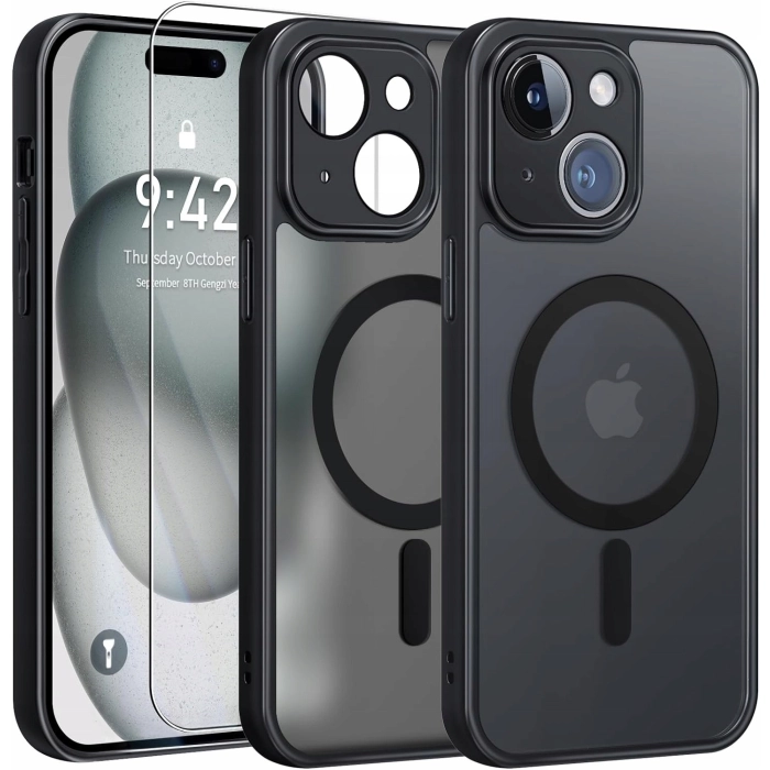 Etui matowe + szkło do iPhone 14 - odporny case Magsafe (Czarne)