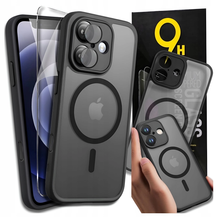 Etui matowe + szkło do iPhone 16 + Szkło - odporny case Magsafe (Czarne)