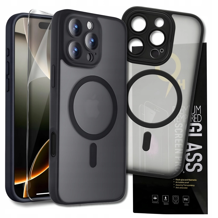 Etui matowe + szkło do iPhone 16 pro Max + Szkło - odporny case Magsafe (Czarne)