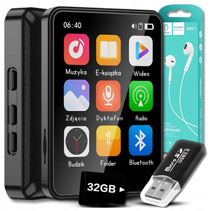 Odtwarzacz MP3 MP4 32GB – Bluetooth, radio FM, głośnik, dyktafon, słuchawki, polskie menu, przenośny