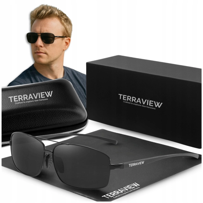 Okulary przeciwsłoneczne męskie Terraview pilotki z polaryzacją UV400 + Etui (Czarne)