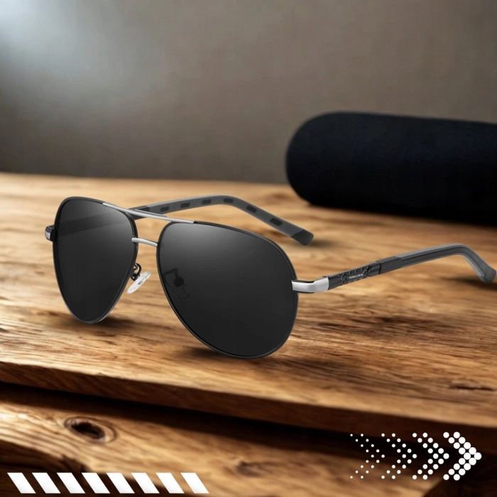 Okulary przeciwsłoneczne męskie Terraview pilotki z polaryzacją UV400 + Etui (Czarno-srebrne)