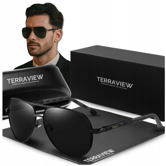 Okulary przeciwsłoneczne męskie Terraview pilotki z polaryzacją UV400 + Etui (Czarne)