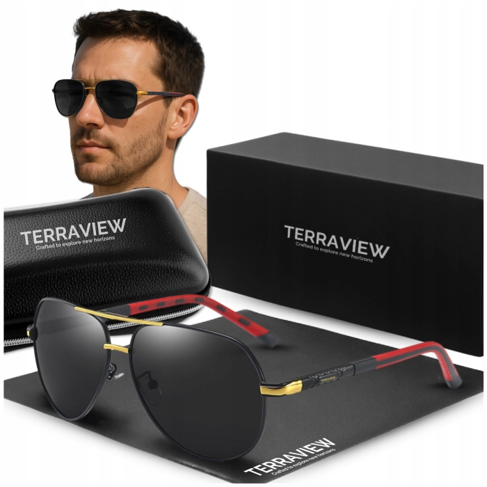 Okulary przeciwsłoneczne męskie Terraview pilotki z polaryzacją UV400 + Etui (Czarno‑złote)