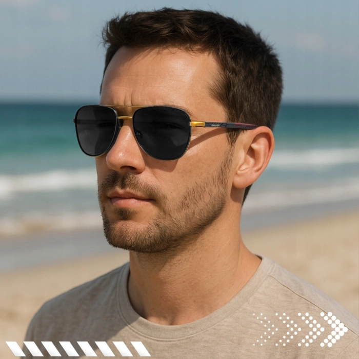 Okulary przeciwsłoneczne męskie Terraview pilotki z polaryzacją UV400 + Etui (Czarno‑złote)