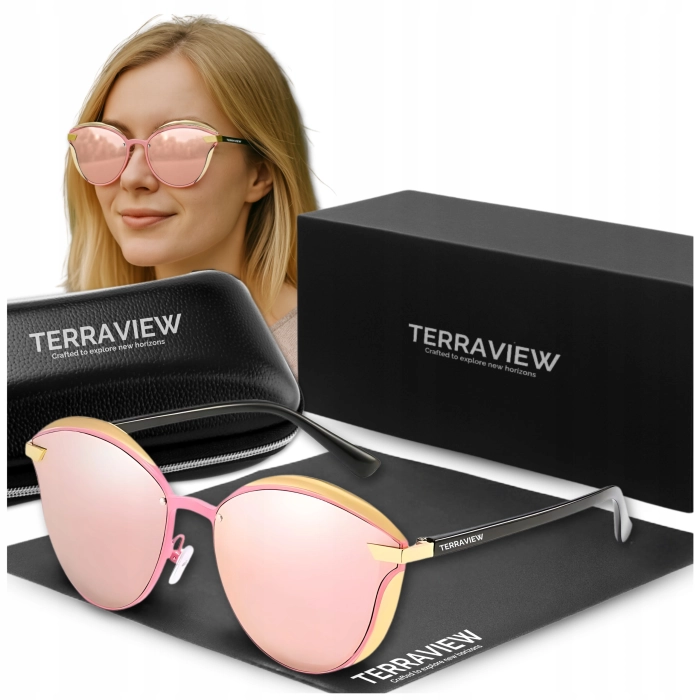 Okulary przeciwsłoneczne damskie Terraview kocie oczy z polaryzacją UV400 + Etui (Różowo- złote)